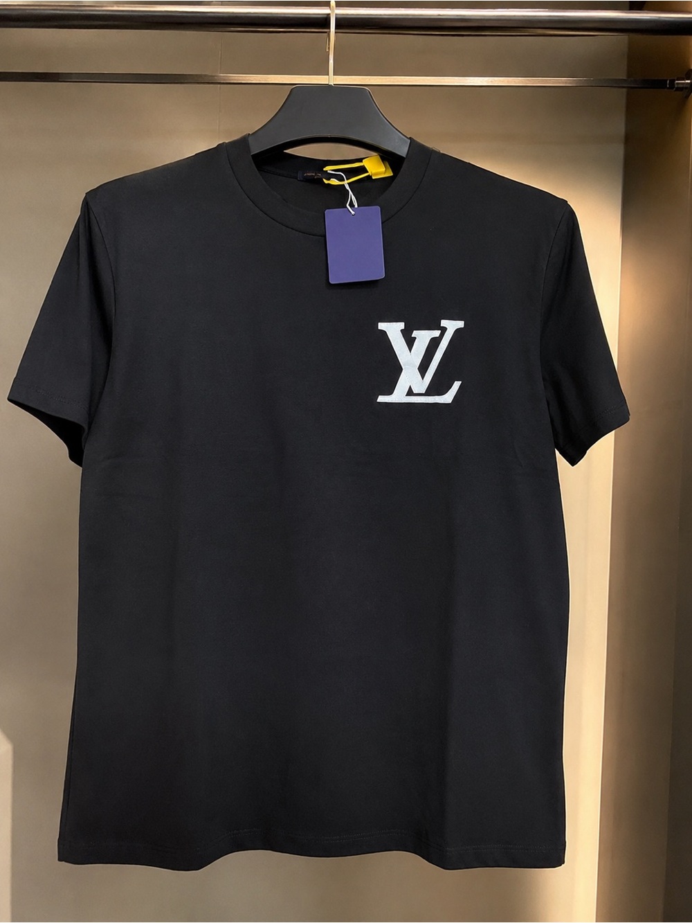 Louis Vuitton Black Crew Neck T-Shirt with White LV Chest Logo
